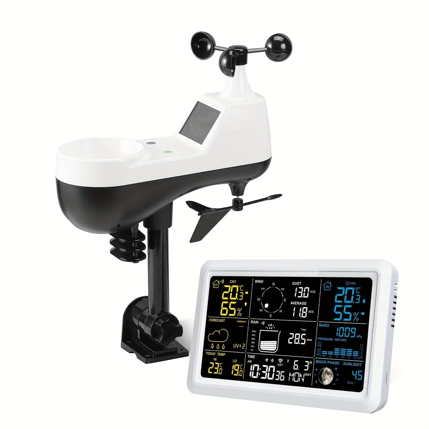 7-in-1 WiFi Weather Station with 7.5-Inch Color Display, Rain Collector, Wind Sensors and Tuya App
