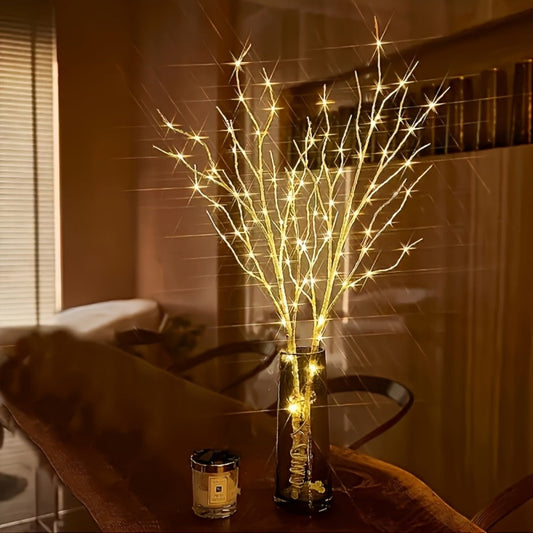 Birch Branch Lights Set of 2, Artificial Luminous Birch Tree Branches with Green Leaves & LED Fairy Lights — Battery Powered Indoor Decor for Christmas, New Year, Home & Reading Nook