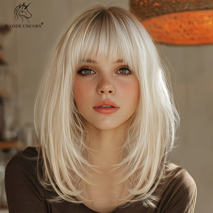 Synthetic Wig 14-Inch White Golden Straight Style with Full Bangs and Glueless Rose Net Cap