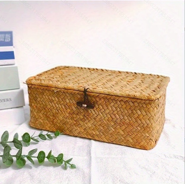 Rattan Storage Basket Set of 3 - Handwoven Wicker Organizer Bins with Lattice Lid & Label, Rustic Farmhouse Baskets for Kitchen Bathroom Pantry Shelf