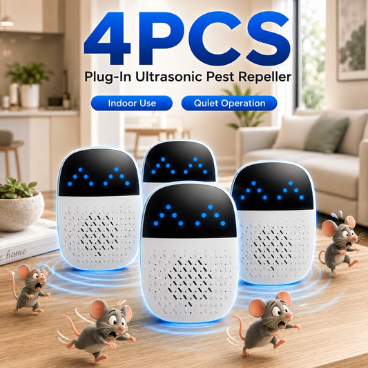 Dual-Mode Ultrasonic Pest Control Device 4-Pack with Plug-In Power and Compact Indoor Wall-Outlet Design