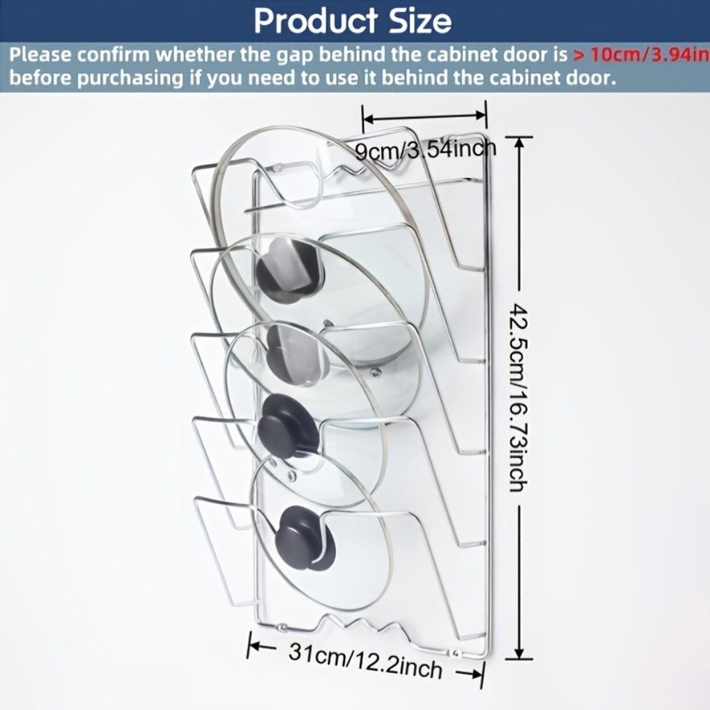 Wall-Mount Pot Lid Kitchen Organizer with Six-Tier Metal Rack for Cabinet Doors or Kitchen Walls