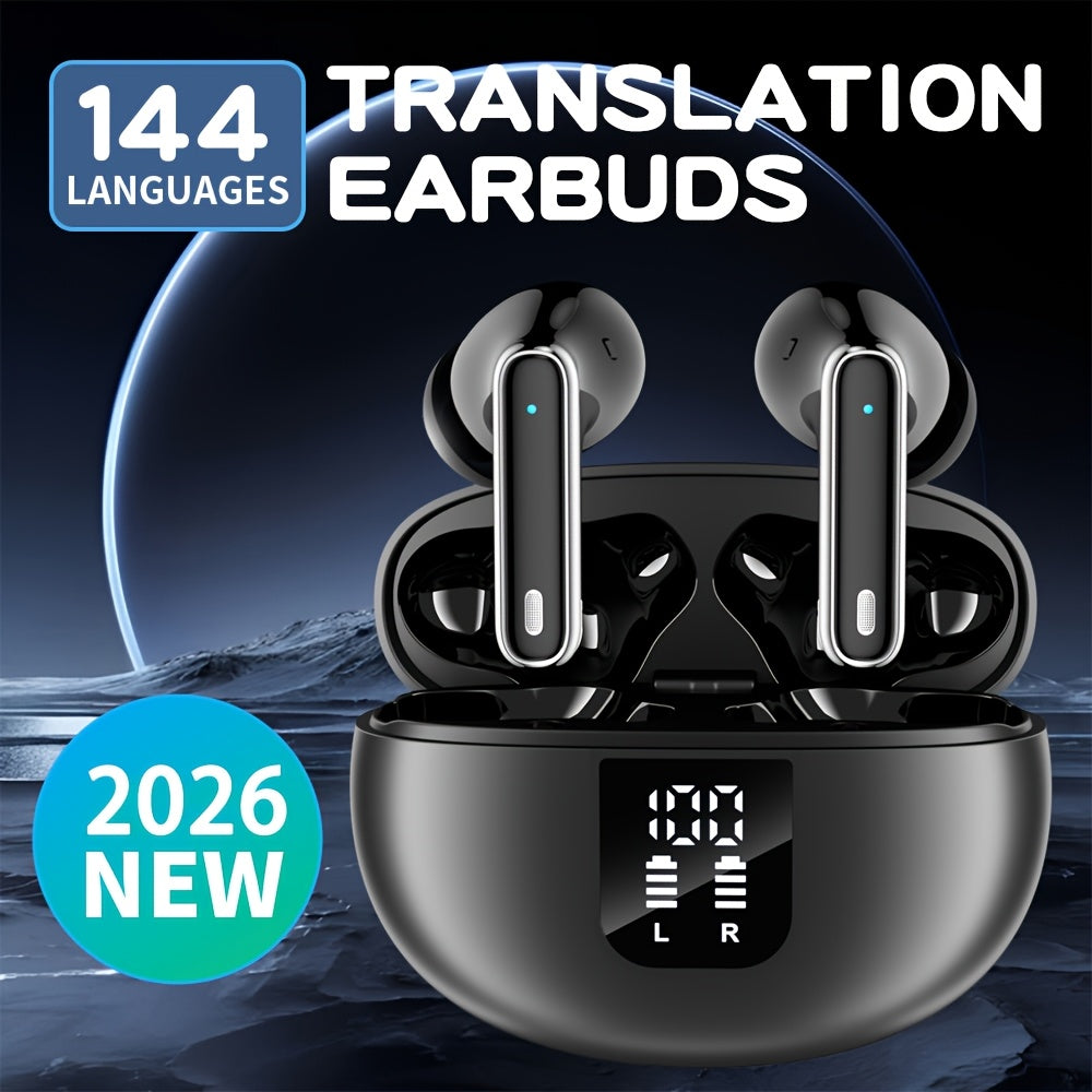Black or White Stem-Style Translation Earphones with Digital Charging Case and Two Color Options