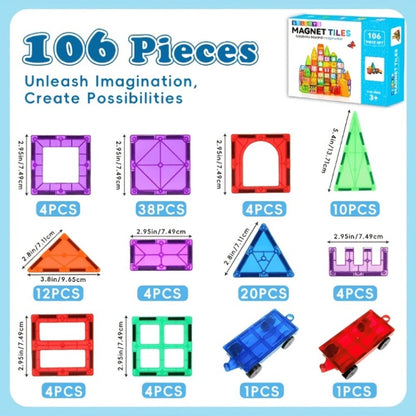 Magnetic Tiles Building Sets in 80, 106 or 136-Piece Options with Multicolor Translucent Shapes and Vehicle Bases