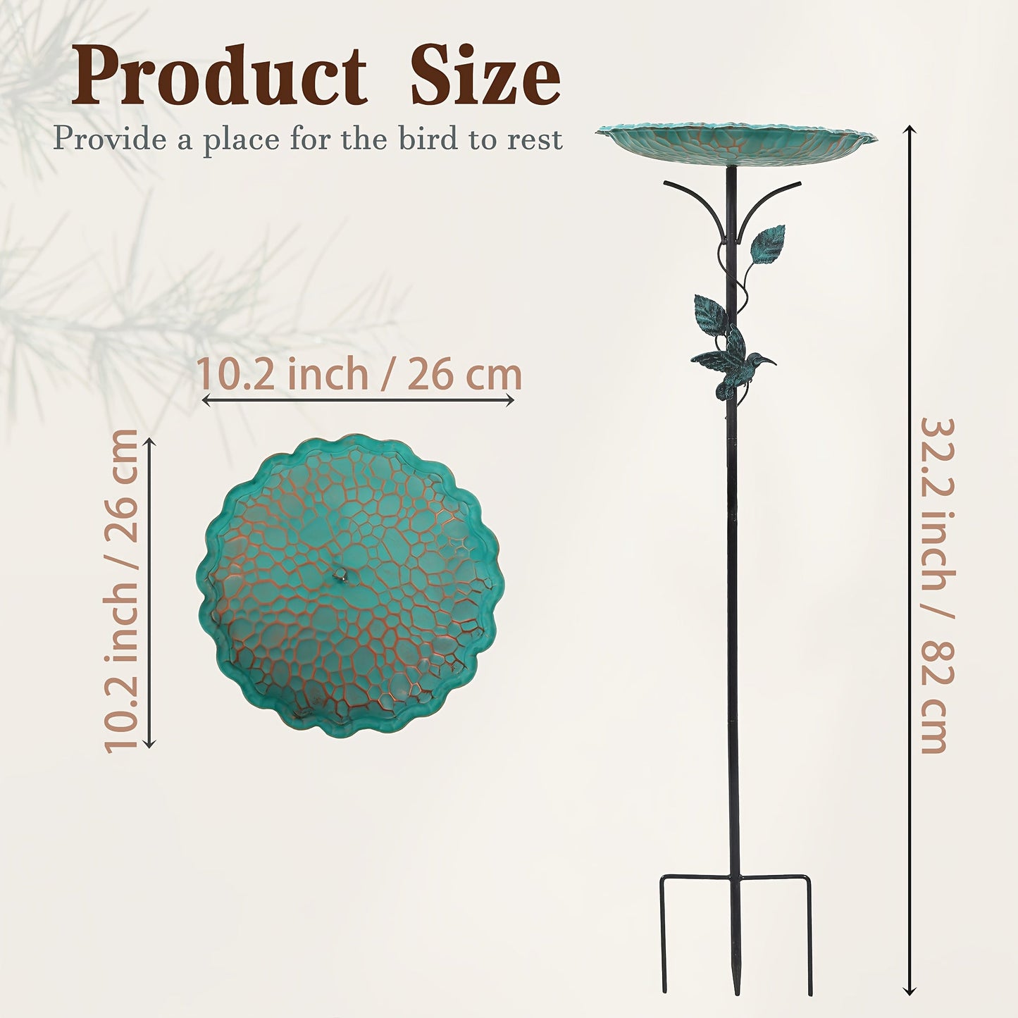 Green Sculpted Lotus-Leaf Bird Bath with 26 cm Bowl, 82 cm Ground Stake and Decorative Bird Perch