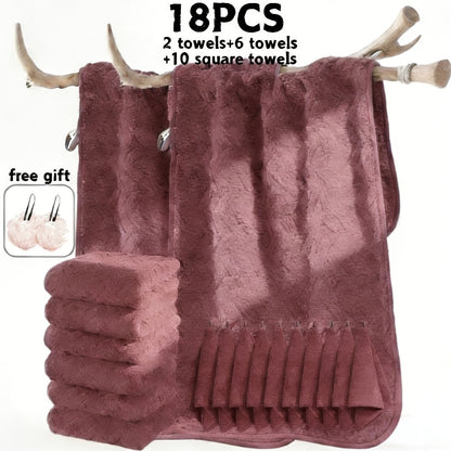 Bath Towels Set 18 or 20 Piece Coral Fleece Mix with Washcloths and Bath Ball in Multiple Colors