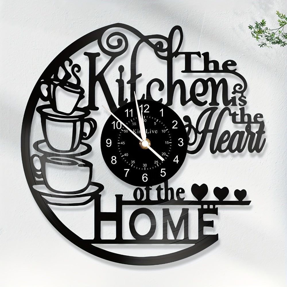 Coffee-Themed Vinyl Record Wall Clock with Cutout Lettering and Standard or LED Light Configuration