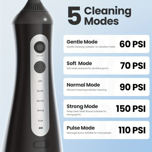 Cordless Water Flosser for Braces & Gum Care – Portable Oral Irrigator 350ml Tank 5 Modes One-Touch IPX Waterproof USB Rechargeable Dental Water Pick for Travel Home