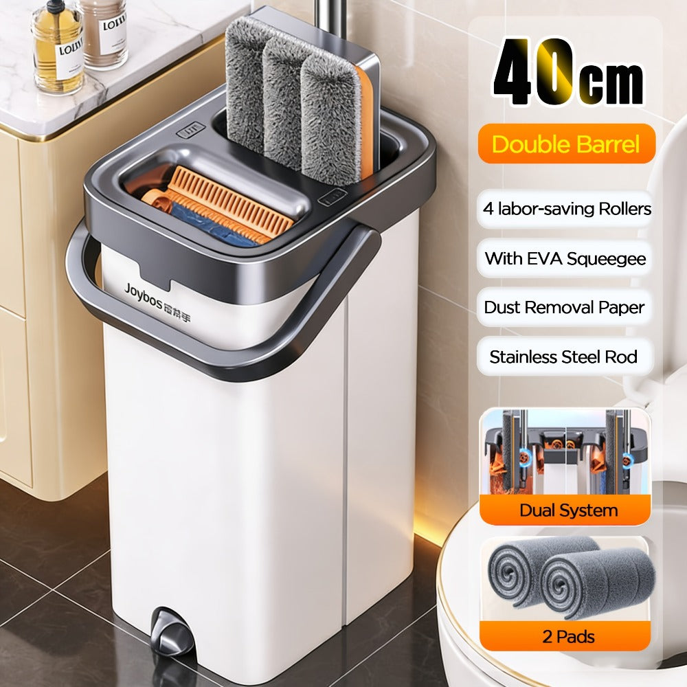 Flat Floor Mop and Double-Compartment Bucket Set with 40 cm Head, Stainless Steel Rod and Two Pads
