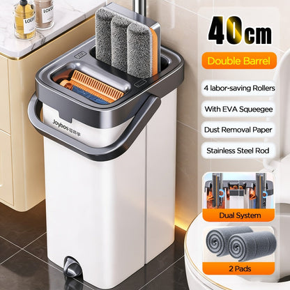 Flat Floor Mop and Double-Compartment Bucket Set with 40 cm Head, Stainless Steel Rod and Two Pads