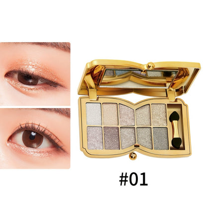 Eyeshadow Palette 10-Shade Gold Bow Compact with Mirror, Dual-Ended Applicator and Three Color Options