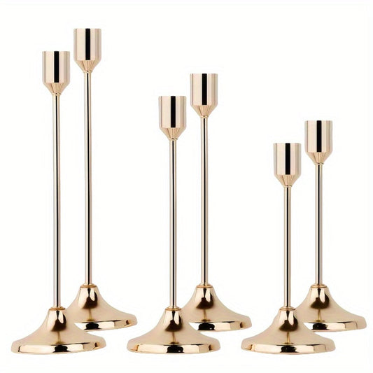 Metal Candlesticks Set of 6 – Taper Candle Holders for Wedding Centerpiece, Christmas, Halloween, Thanksgiving, Hanukkah, Easter & Romantic Candlelight Dinner Table Decor, Assorted Sizes, 3 Finishes