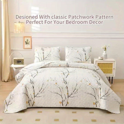 Reversible Botanical Microfiber Quilt Set with Pillow Shams, Five Patterns and Twin, Full/Queen or King Sizes