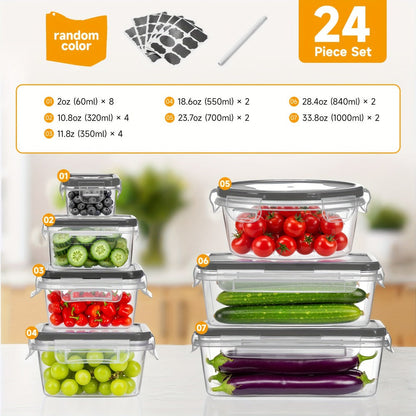 Food Storage Containers 48-Piece Multi-Shape Set with 24 Boxes, 24 Lids and Eight Documented Sizes