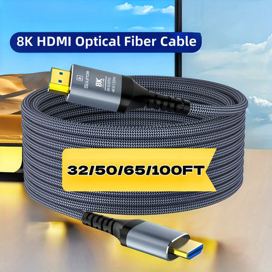 Long Fiber Optic HDMI Cable 32FT 50FT 65FT 100FT – HDMI 2.1 48Gbps 8K60Hz 4K120Hz HDR eARC HDCP 2.2 Slim Braided Cord, No Signal Loss, Compatible with PS5 Xbox TV Monitor Projector