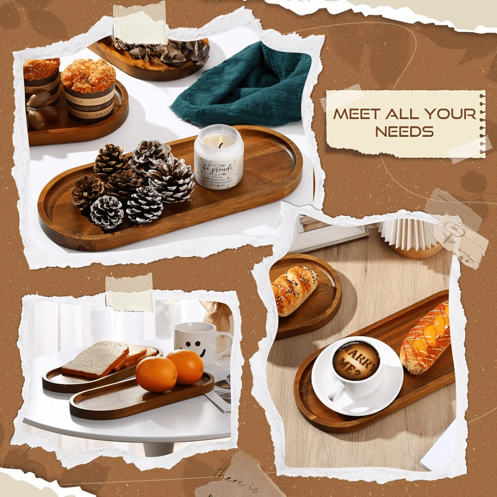 Wood Serving Tray Set with Eight Oval Trays or Four Rectangular Trays and Raised Edge Design