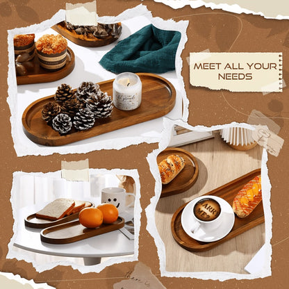 Wood Serving Tray Set with Eight Oval Trays or Four Rectangular Trays and Raised Edge Design