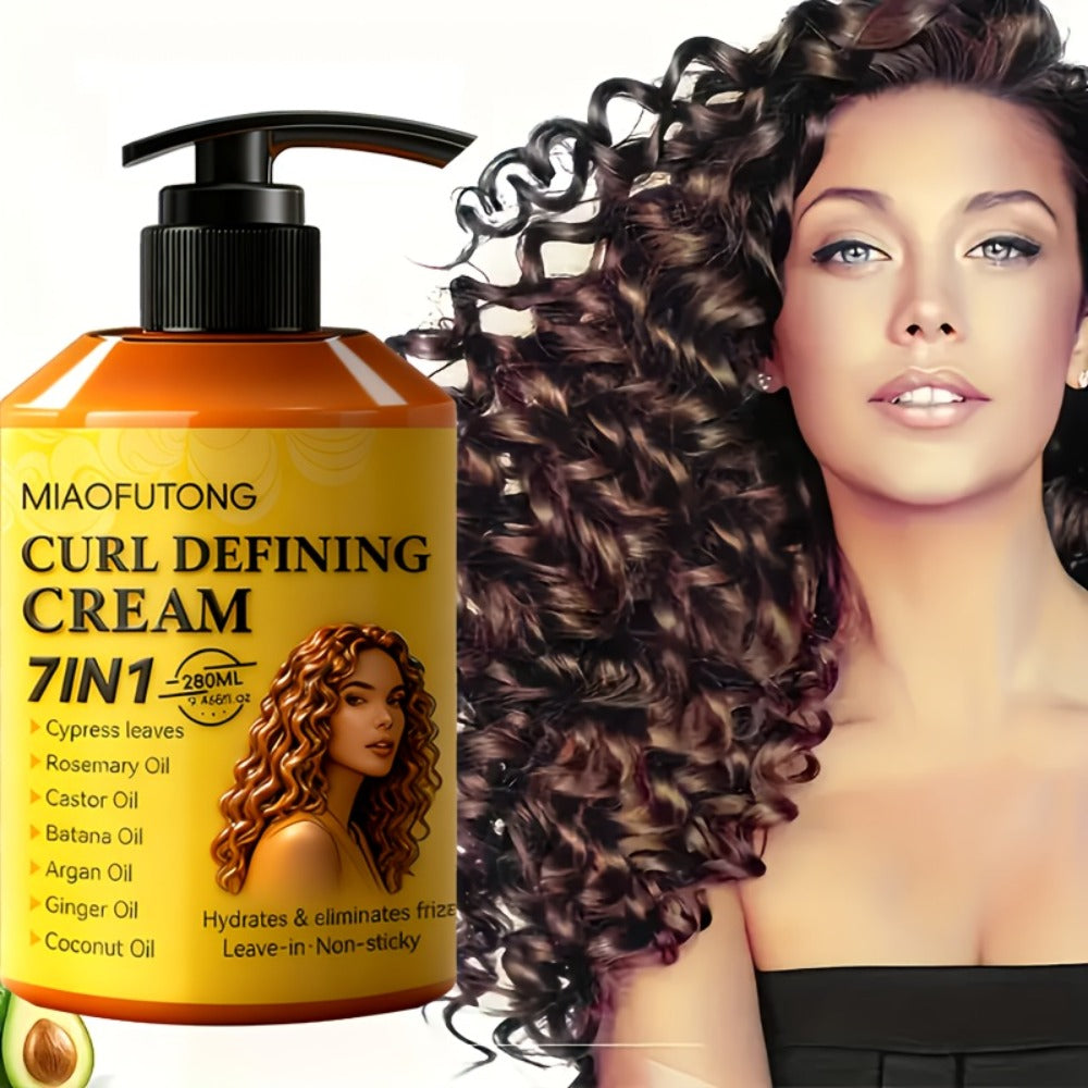 7-in-1 Botanical Curl Cream 280ml – Deep Moisture Curl Defining Cream with Argan, Rosemary, Castor & Coconut Oil, Anti-Frizz Long-Lasting Volume for Wavy Curly Coily Hair