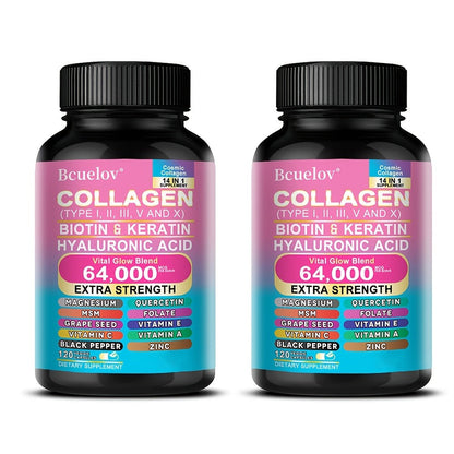 Collagen Capsules Types I II III V X with Biotin Keratin Hyaluronic Acid — Supports Skin Elasticity Hair Growth & Nail Strength | Anti-Aging Beauty Supplement | 120 Capsules