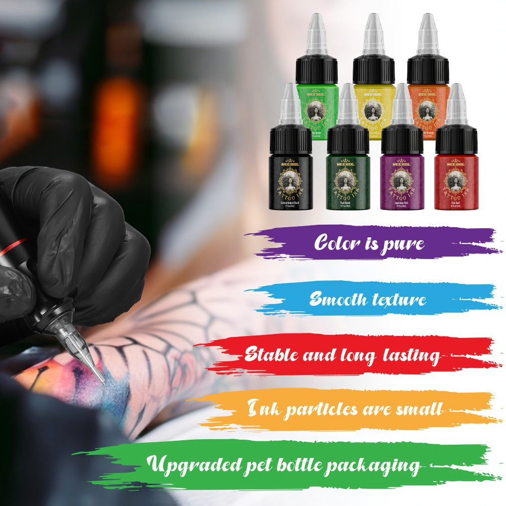 Tattoo Ink 14- or 21-Color Set with 0.5oz 15ml Bottles and Two Source Palette Choices for Color Selection