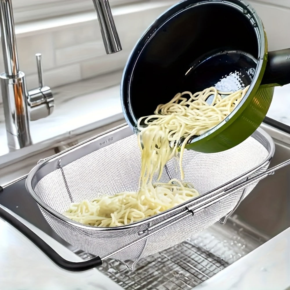 Expandable Sink Colander Stainless Steel, Over the Sink Strainer Basket with Fine Mesh & Rubber Grip