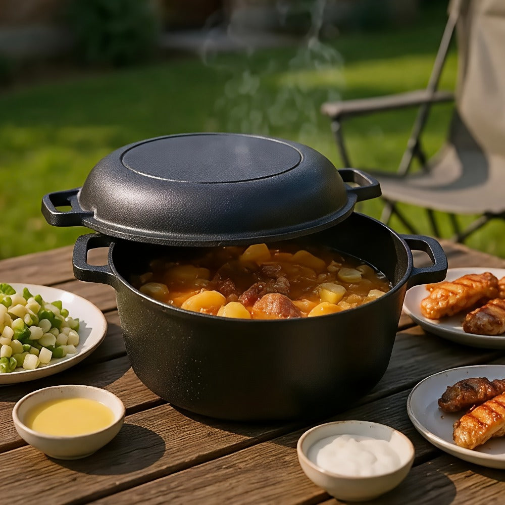 Cast Iron Dutch Oven Set 5.1QT & 7QT with Skillet Lid – Pre-Seasoned 2-in-1 Cookware for Stovetop, Induction, Oven, Campfire & BBQ, Sourdough Bread Baking, Frying, Camping