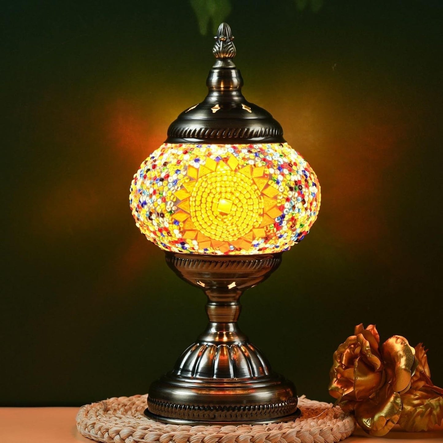 Table Lamp with Mosaic Glass Globe, Metal Base, Seven Color or Pack Options and Three White-Light Modes