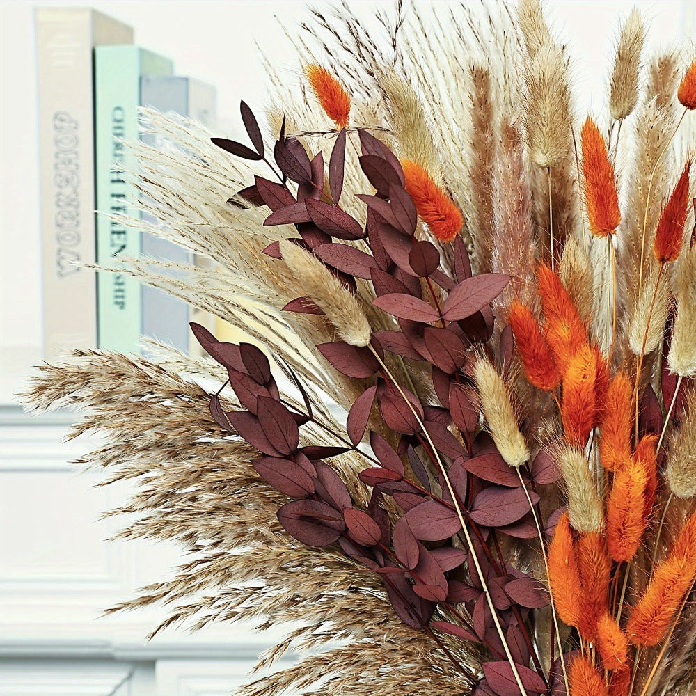 Artificial Pampas-Style Bouquet, 72-Piece 17-Inch Autumn Mix with Feathery, Reed and Leaf Stems