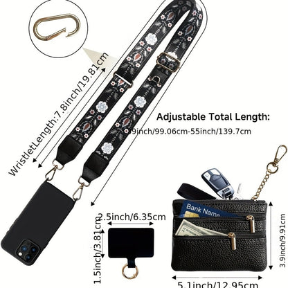 Phone Lanyard Crossbody Strap with Zipper Pouch, Beaded Charm and Five Exact Printed or Solid Styles