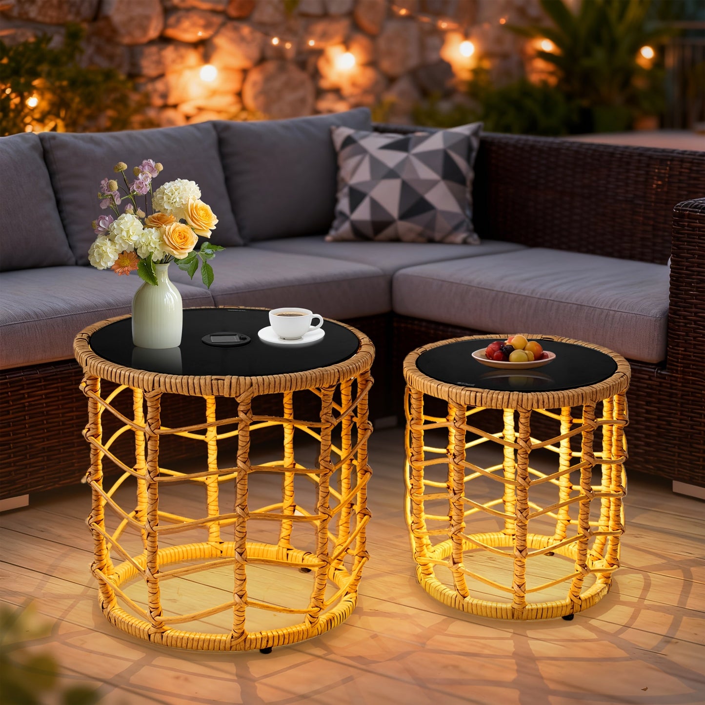 Outdoor Side Table Set of 2 Nesting PE Wicker Frames with Tempered Glass Tops for Patio or Balcony Layouts