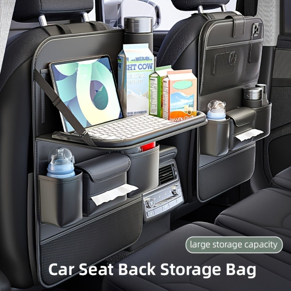 Car Seat Back Organizer PU Leather - Foldable Dining Table, Cup Holder, Multi-Pocket Storage Bag, Universal Fit Back Seat Travel Organizer for Kids & Passengers, 1pc or 2pc Set