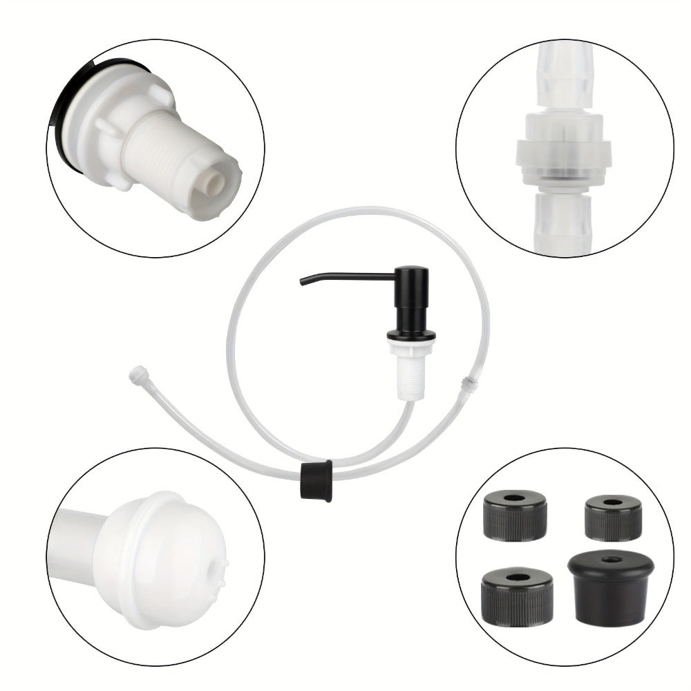 Built-In Black Sink Soap Dispenser with 47-Inch Extension Tube, Four Bottle Caps and Deck-Mount Pump