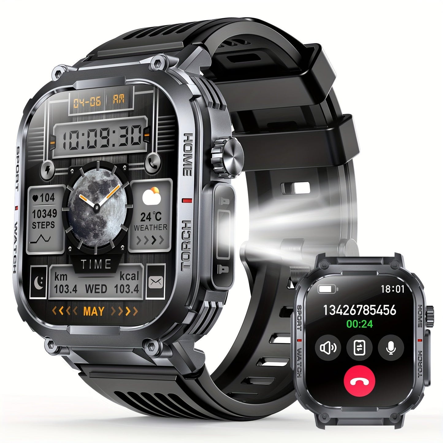 Smartwatch for Men 2.02 Inch with LED Flashlight, Wireless Calling and Activity Tracking for Outdoor Use