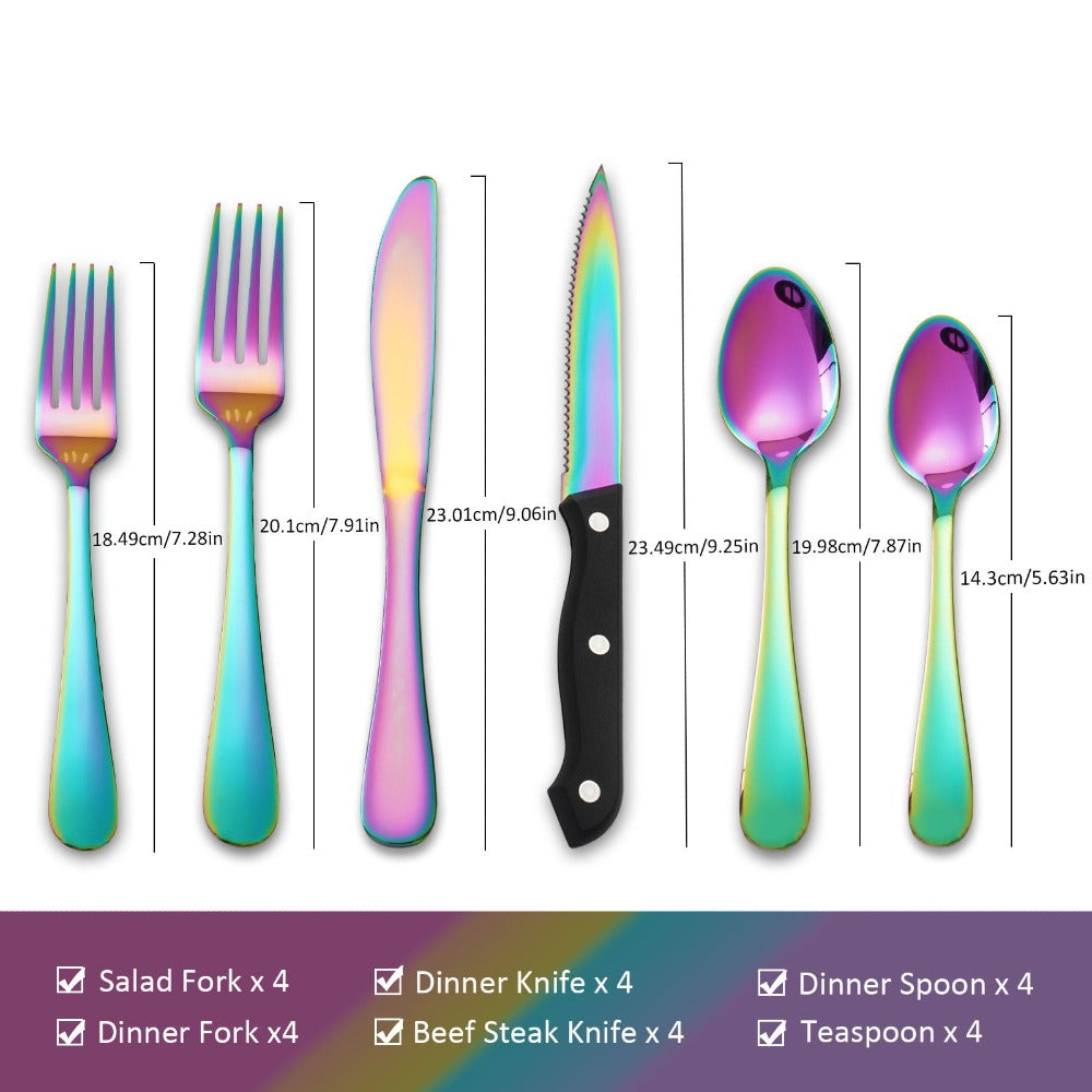 24-Piece Rainbow Flatware Set with Four Black-Handle Steak Knives and Six Four-Piece Utensil Groups