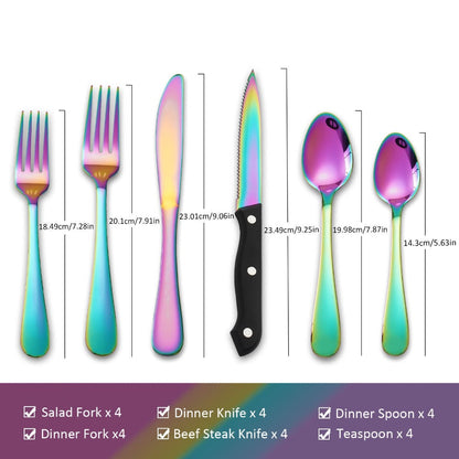 24-Piece Rainbow Flatware Set with Four Black-Handle Steak Knives and Six Four-Piece Utensil Groups