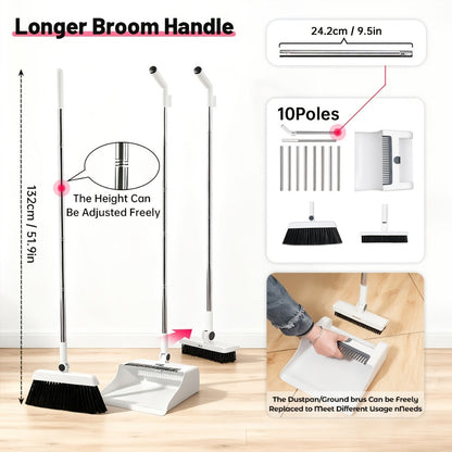 Broom and Dustpan Set 3-in-1 with Wiper - Non-Stick Hair Sweeper Household Floor Broom Combo for Indoor Outdoor Use - Ergonomic Handle Dustpan Broom Kit for Home Kitchen Office - White Pink Gray