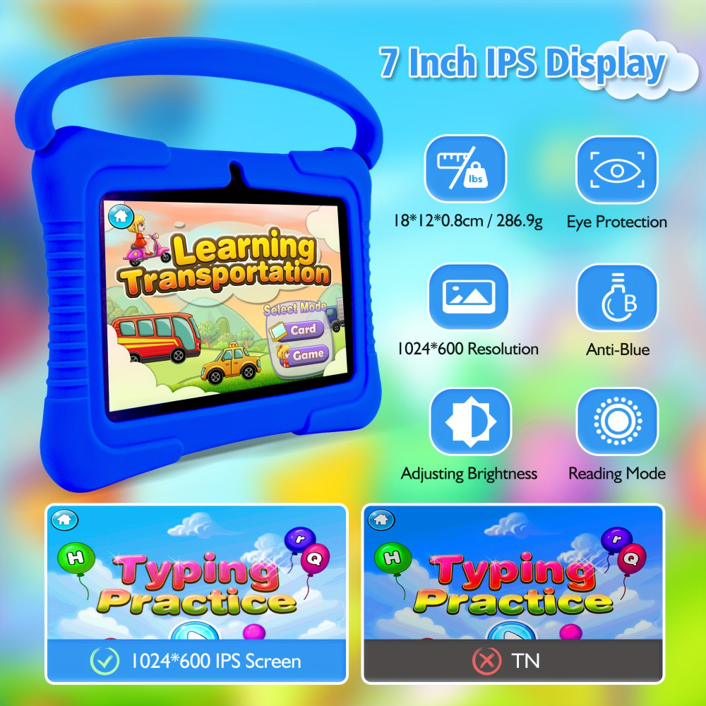 Kids Tablet 7 Inch with Android, 2GB RAM, 16GB or 32GB Built-In Storage, Parental Controls and Silicone Case