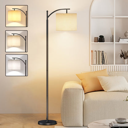 Black Arched Floor Lamp with Beige Drum Shade, Downward-Facing Light and Included 9W Three-Mode LED Bulb
