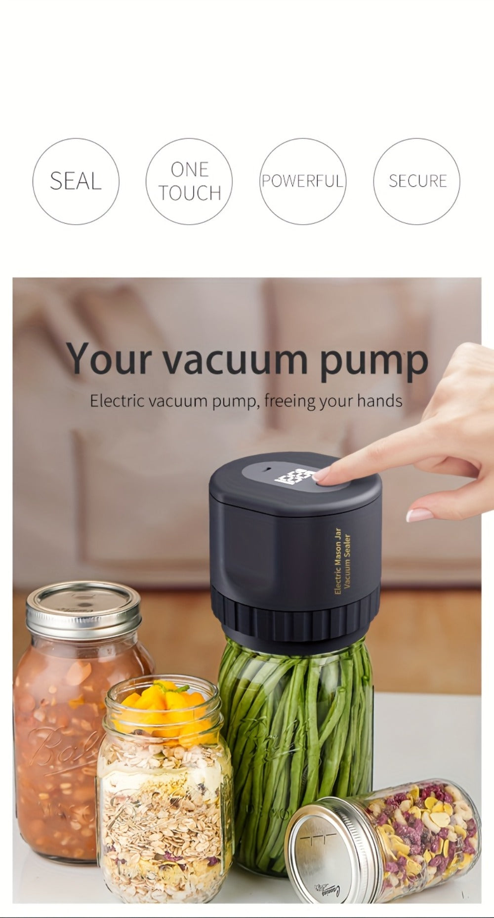 Electric Mason Jar Vacuum Sealer Kit with Regular- and Wide-Mouth Adapters, Lid Accessories and Charging Cable