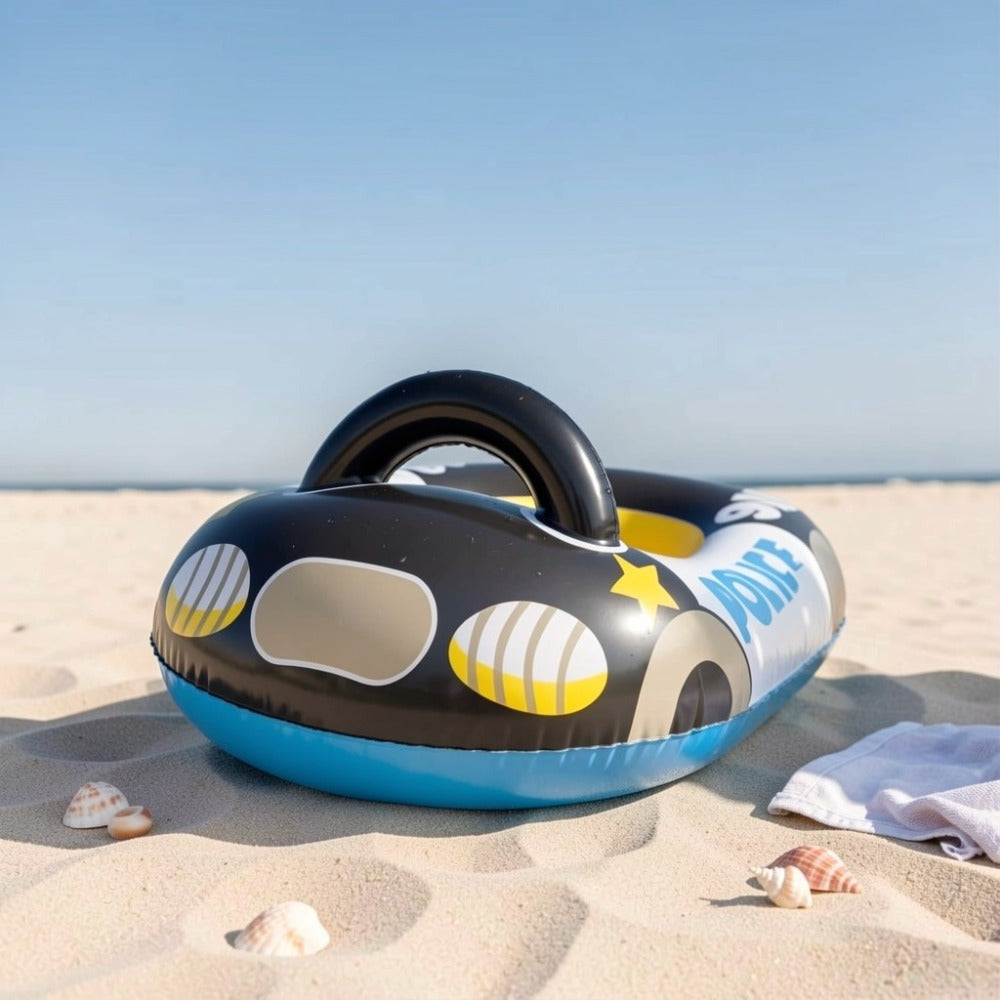 Car-Shaped Inflatable Pool Float with Black Printed Body, Center Opening and Steering-Wheel Detail