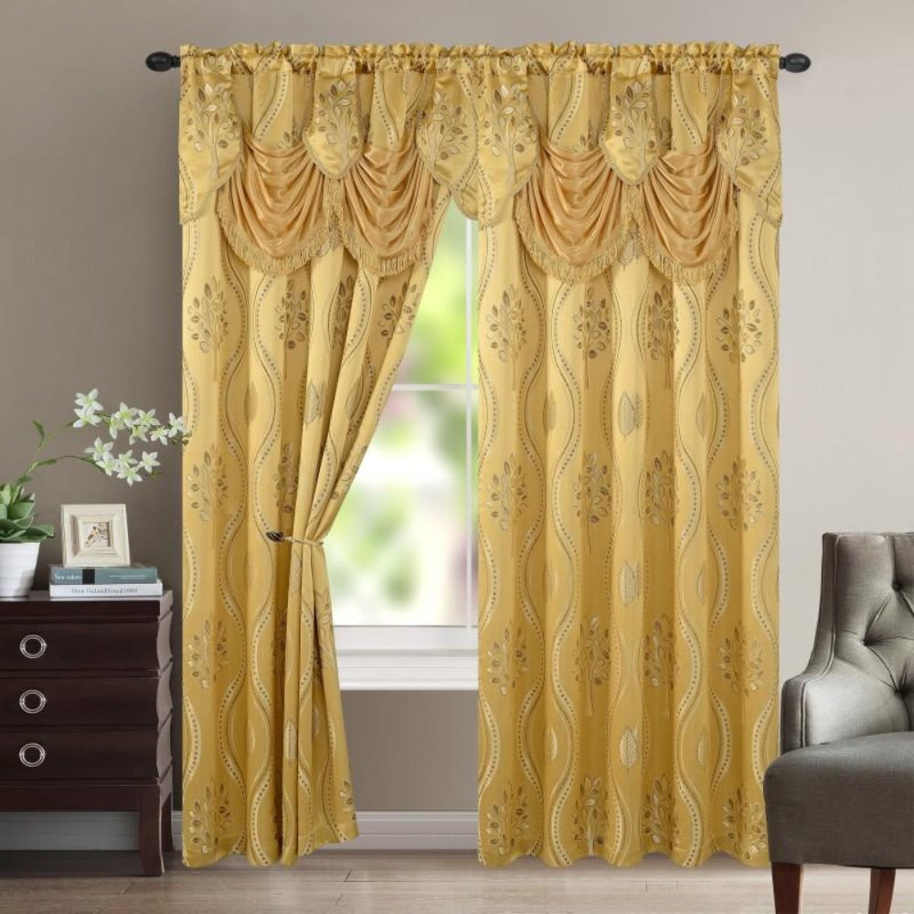 Two-Panel Jacquard Window Curtain Set with Attached Waterfall-Style Valance, 54 x 84-Inch Size and Four Colors