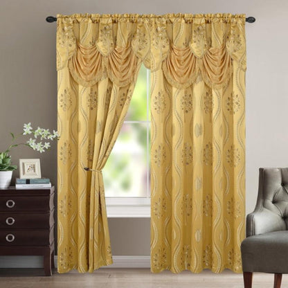 Two-Panel Jacquard Window Curtain Set with Attached Waterfall-Style Valance, 54 x 84-Inch Size and Four Colors