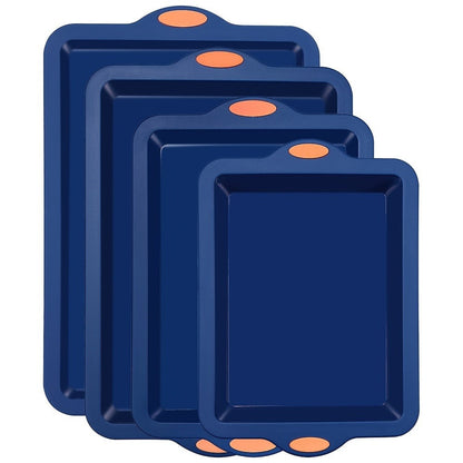 Silicone Baking Pans Set 4-Piece – Nonstick Bakeware with Metal Reinforced Frame, Includes Baking Sheet, Cookie Sheet & Cake Pan with Grips, Oven Safe, Easy Release – Navy Blue & Light Gray