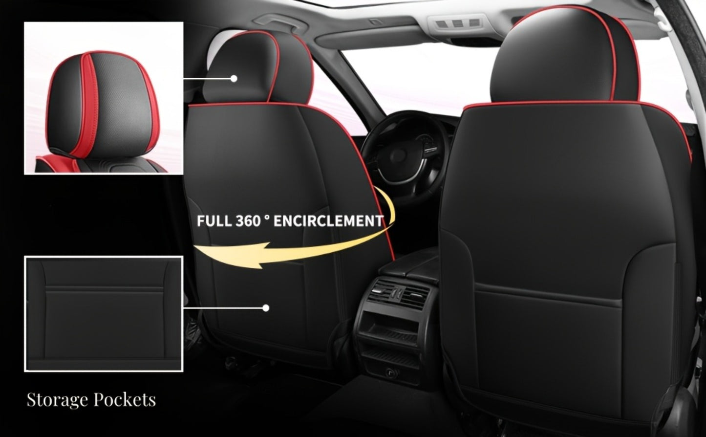 PU Leather Car Seat Cover Full Enclosure with Lumbar Support & Sponge Cushion – Two-Tone Sporty Design Universal Fit for Car Sedan Truck SUV (White-Black / Gray / Red-Black / Orange-Black)