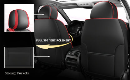 PU Leather Car Seat Cover Full Enclosure with Lumbar Support & Sponge Cushion – Two-Tone Sporty Design Universal Fit for Car Sedan Truck SUV (White-Black / Gray / Red-Black / Orange-Black)