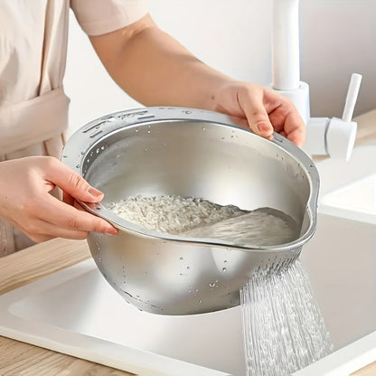 Stainless Steel Kitchen Colander with Handle - Multipurpose Rice Strainer Mesh Basket for Washing Rice, Fruit, Vegetables, Food-Safe Durable Water Drainer