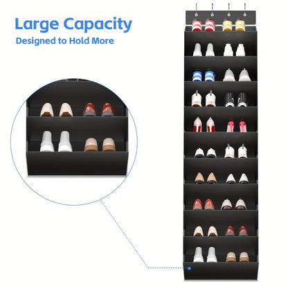 Shoe Rack 10-Tier Space-Saving Over-the-Door Organizer for Up to 20 Pairs with 4 Metal Hooks in Gray