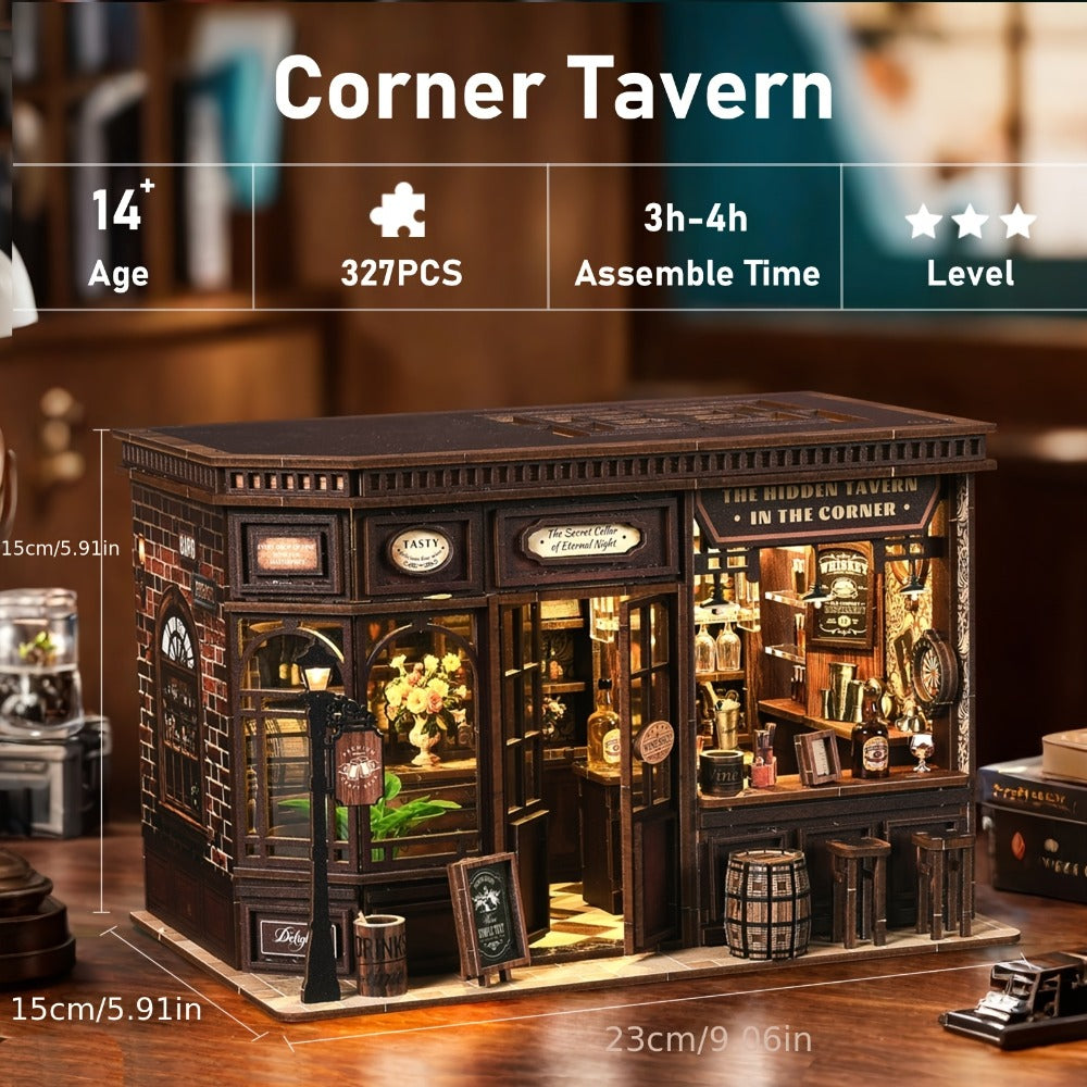 Corner Lounge Book Nook Kit with 327-Piece Tavern Storefront Scene, Illuminated Interior and Touch Switch
