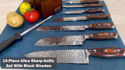 Kitchen Knife Set 15-Piece Hammered Stainless Steel with Steak Knives and Self-Sharpening Wood Block