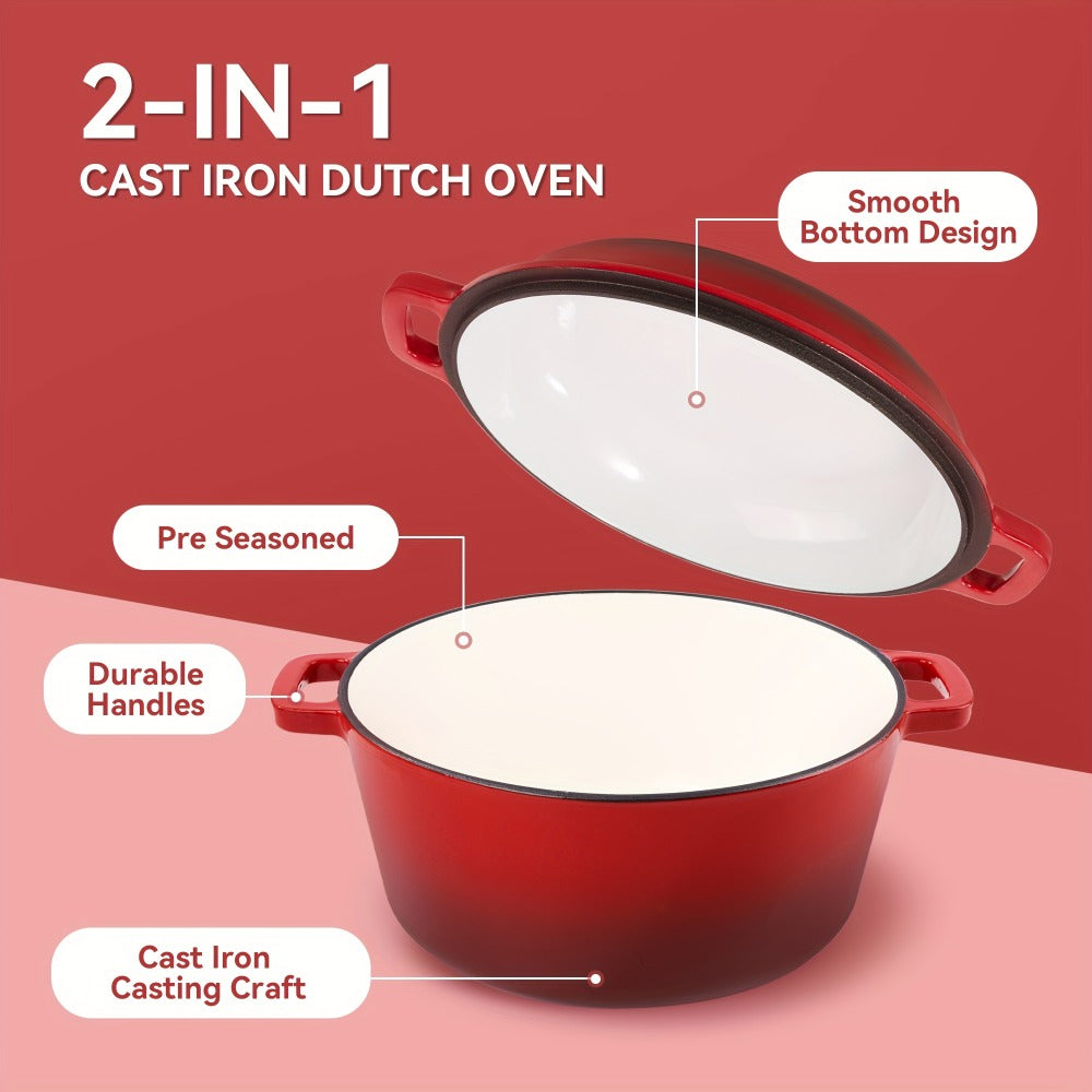 Dutch Oven 6 Quart Enameled Cast Iron 2-in-1 Pot and Bread Baker Nonstick Oven Safe to 500°F Dual Handles Compatible with All Stovetops Including Induction for Bread Baking Cooking Stewing Braising